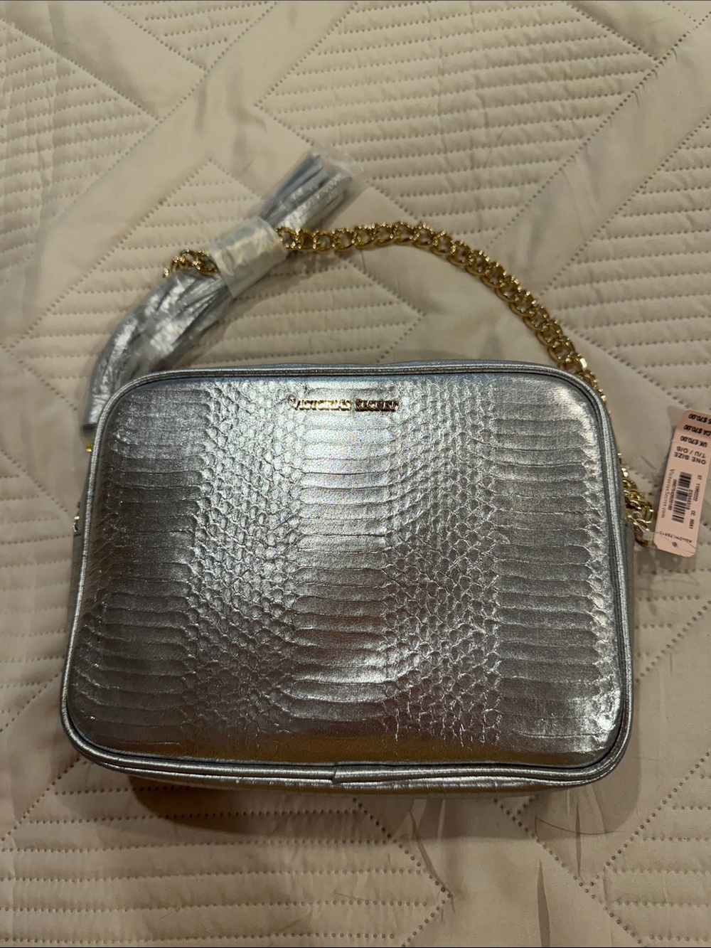 NWT Victoria’s Secret Metallic Silver Textured Crossbody with Gold Chain